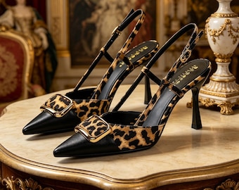 Customized insoles,Leopard Print Slingback Heels, Two-Tone Pumps, Gold Buckle Detail