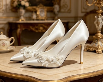 Plantillas personalizadas, tacones de novia de satén blanco, zapatos de boda con cuentas florales, tacón de 7/9 cm.