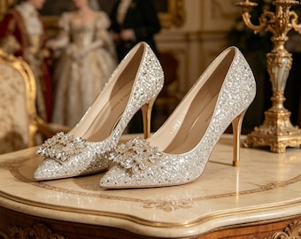 Plantillas personalizadas, tacones con purpurina color champán, zapatos de novia con cristales, tacones de aguja de 8,5 cm/6,5 cm/5 cm para bodas, fiestas nocturnas y citas románticas.