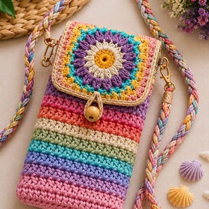 Puede incluir: Un bolso bandolera rectangular de ganchillo con cuerpo de rayas multicolores y solapa con motivo floral circular. El bolso incluye una correa trenzada en tonos pastel a juego y un cierre de cuenta de madera centrado en la solapa frontal.