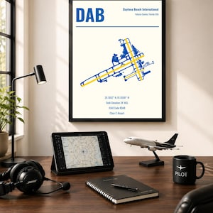 May include: A framed wall print featuring a blue and yellow airport runway diagram for Daytona Beach International Airport, labeled DAB, with coordinates, elevation, and ICAO code KDAB printed in blue text on a white background.