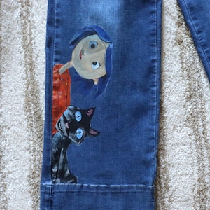Coraline and Black Cat Custom Painted Pants size 29/38 Womens image 1
