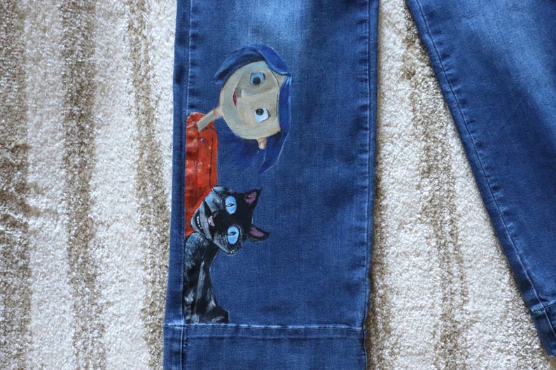 Coraline and Black Cat Custom Painted Pants size 29/38 Womens image 1