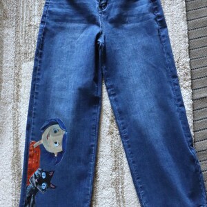 Coraline and Black Cat Custom Painted Pants size 29/38 Womens image 2
