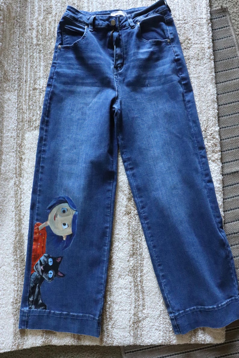 Coraline and Black Cat Custom Painted Pants size 29/38 Womens image 2