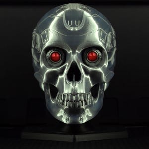 May include: A metallic silver skull with red eyes, reminiscent of a cyborg. The skull has detailed mechanical features and is set against a dark background. The eyes glow with a red light, adding to the futuristic aesthetic.