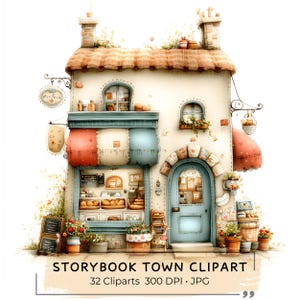 May include: Watercolor illustration of a storybook town shop with a red and blue awning, a blue door, and a thatched roof. The shop has a sign that says "Tea Room". The image includes the text "Storybook Town Clipart".