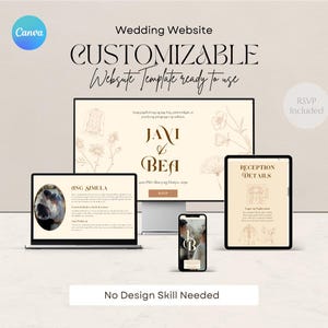 May include: A digital wedding website template displayed on a laptop, desktop monitor, tablet, and smartphone. The website design features floral illustrations and the names "Javi & Bea". Text includes "Wedding Website" and "CUSTOMIZABLE".
