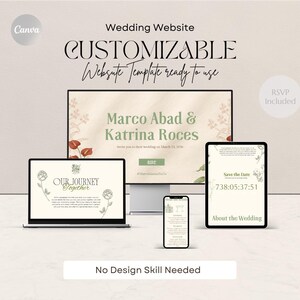 May include: A customizable wedding website template displayed on a laptop, desktop monitor, tablet, and smartphone. The website design features floral accents and the names "Marco Abad & Katrina Roces." Text includes "RSVP Included" and "No Design Skill Needed."
