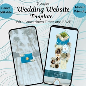 May include: A 6-page wedding website template for mobile devices, featuring Canva editable designs. The screens display a blue envelope with a gold seal, floral accents, photo frames, RSVP details, and a countdown timer with text.
