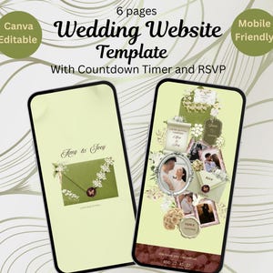 May include: A digital wedding website template displayed on two smartphones, featuring a light green color scheme, floral accents, and text including 6 pages, Wedding Website Template, With Countdown Timer and RSVP, Amy & Joey.