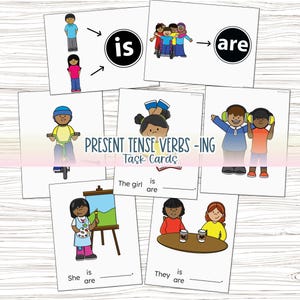 May include: A collection of educational task cards with illustrations and text. The cards feature cartoon figures and the words "is" and "are" in large circles. The title "Present Tense Verbs -ing Task Cards" is displayed across the cards.