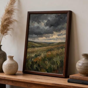 Moody Storm Cloud Meadow Oil Painting Wall Art Print, Dark Cottagecore Landscape Poster, Gothic Study Decor, Vintage Nature Digital Download