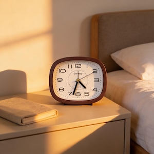 Puede incluir: Un reloj despertador marrón de estilo retro con esfera blanca y números negros está sobre una mesita de noche. El reloj tiene forma rectangular con esquinas redondeadas y manecillas doradas. Un libro cerrado descansa junto al reloj. El reloj está etiquetado como "Geramy".