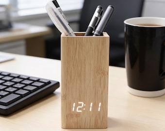 Bamboo Desk Organizer with Digital Clock, Pen Holder Storage