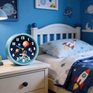 以下が含まれることがあります： 宇宙をテーマにした、水色の丸い目覚まし時計。文字盤には惑星、宇宙飛行士、星が描かれており、背景は濃い青色です。時計は、青い寝室の白いナイトテーブルの上に置かれています。