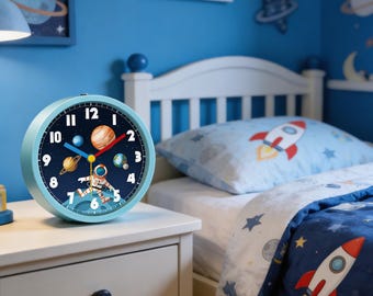 Kids Space Wall Clock, Astronaut Planet Clock, Blue Nursery Decor, Space Theme Kids Room Clock