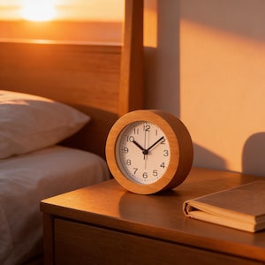 May include: A round wooden alarm clock with a white face and black numerals sits on a wooden nightstand. The clock's hands point to 10:09. A closed book rests beside the clock. The scene is bathed in warm, golden light.