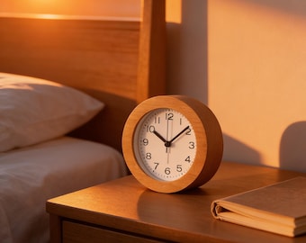 Round Wood Alarm Clock - Minimalist Silent Desk Clock