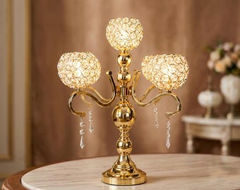 Gold Crystal Candelabra, Tabletop Candle Holder, Elegant Wedding Centerpiece, Dining Table Candle Stand, Glam Home Decor