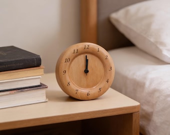 Minimalist Round Edged Beech Wood Alarm Clock, Quiet Nightstand Clock for Study