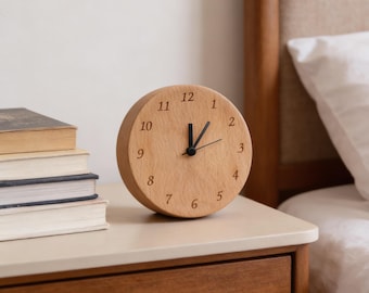 Edgeless Round Minimalist Wood Table Clock, Simple Smooth Edge Alarm Clock