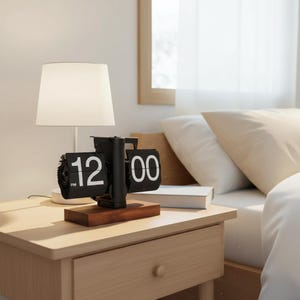 May include: A black retro flip clock displaying 12:00 PM, set on a wooden base. The clock sits on a light wood nightstand next to a white lamp with a cylindrical base and a white lampshade. The background includes a bed with white pillows.