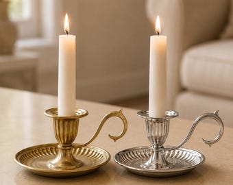 Vintage Metal Chamberstick Candle Holder, Teacup Handle Taper Candle Stand, Classic Gold And Silver Table Decor, Wedding Candle Holder