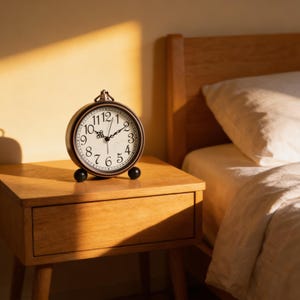 May include: A bronze-colored analog alarm clock with a white face sits on a wooden nightstand. The clock has black numbers and hands, and two black ball feet. A bed with a white pillow and comforter is in the background.