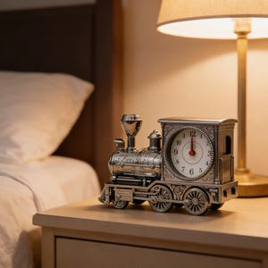 Puede incluir: Un reloj plateado con forma de tren con una esfera redonda. El reloj tiene un diseño detallado con ruedas, una chimenea y un faro. El reloj está sobre una mesita de noche de madera, junto a una cama y una lámpara.