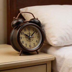 May include: A vintage-style black and bronze alarm clock with a cream-colored face featuring black numerals and a compass rose design. The clock is set on a light-colored nightstand next to a white pillow.