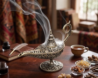 Antique Lamp Incense Burner, Alloy Cone Incense Holder, Arabian Style Aladdin Lamp Decor, Vintage Home Decor, Meditation Gift
