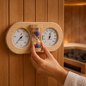 May include: A light-colored wooden sauna accessory featuring a round thermometer on the left with a Celsius scale, a round hygrometer on the right with a percentage scale, and a central hourglass containing purple sand for timing sessions.
