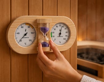 Sauna Thermometer Hygrometer with 15 Minute Hourglass Timer, Wooden Wall Mount Temperature Humidity Gauge