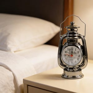 May include: A silver-colored lantern-shaped clock with a white clock face. The clock face has black numbers and hands, with a red second hand. The clock is on a light-colored nightstand next to a bed with white linens.