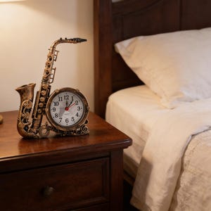 Pode incluir: Um relógio decorativo em forma de saxofone, com acabamento em bronze, está sobre uma mesa de cabeceira de madeira escura. O mostrador do relógio é redondo, com números e ponteiros pretos. O saxofone é detalhado, adicionando um toque musical ao quarto.