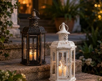 Vintage Metal Candle Lantern, Decorative Hanging Candle Holder, Rustic Tabletop Lantern for Garden Patio Porch Wedding Home Decor