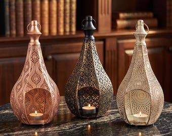 Moroccan Candle Lantern, Vintage Metal Candle Holder, Hollow Cutout Iron Lantern, Boho Table Decor, Decorative Candle Stand