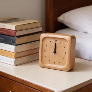 May include: A square wooden clock with a light wood finish sits on a nightstand. The clock face has black hands and dot hour markers. A stack of books is visible to the left. The time is approximately 12:00.
