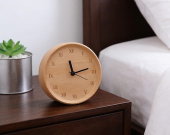 Round Minimalist Wooden Bedside Clock - Roman Numeral Wood Alarm Clock