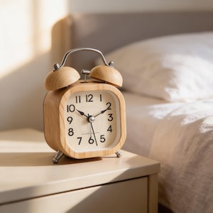 Op de afbeelding: Een houten wekker met een vierkante wijzerplaat en een lichte houten afwerking. De klok heeft een crèmekleurige wijzerplaat met zwarte cijfers en wijzers. De klok staat op een lichtgekleurd nachtkastje, met een bed en een kussen op de achtergrond.