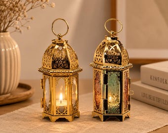Moroccan Lantern Candle Holder, Gold Metal Tealight Lantern, Colored Glass Candle Holder, Boho Table Decor, Hanging Lantern Ornament