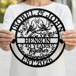 Placa personalizada "40 Anos Juntos" com pássaro e galho, placa de parede para o 40º aniversário de casamento, presente para os pais para bodas de rubi, decoração personalizada com o nome da família.