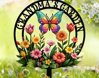 Personalized Grandma Garden Metal Stake | Custom Butterfly Flower Yard Sign | Nana Garden Décor | Mother’s Day Gift for Grandma