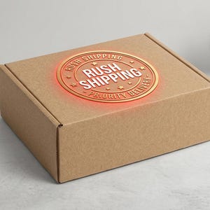 Puede incluir: Una caja de envío rectangular de cartón marrón con una pegatina circular naranja en la tapa. La pegatina muestra el texto RUSH SHIPPING en letras negritas, rodeado por un borde con estrellas y las palabras PRIORITY DELIVERY.