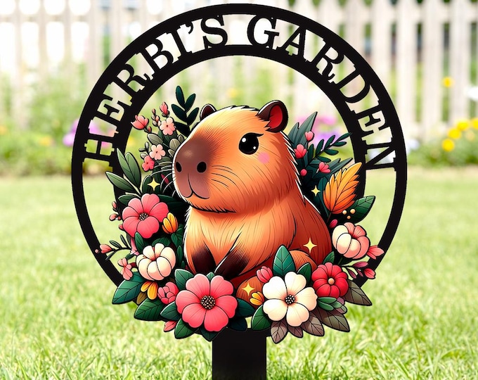 Featured listing image: Personalized Capybara Garden Stake, Metal Herb Garden Sign, Floral Capybara Outdoor Decor, Guinea Pig Lover Lawn Art, Gardener Gift for Mom