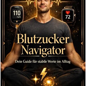 Könnte beinhalten: Ein Mann meditiert, umgeben von goldenen Elementen. Ein Blutzuckermessgerät zeigt 110 mg/dL, eine Smartwatch zeigt 72 an. Der Titel "Blutzucker Navigator" ist prominent dargestellt, darunter der Slogan "Dein Guide für stabile Werte im Alltag".