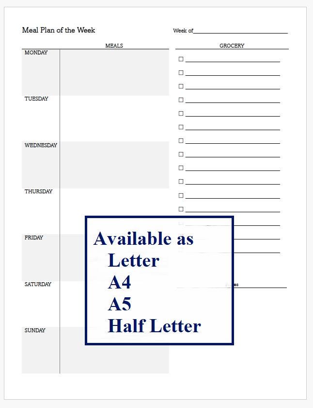 Simple Weekly Meal Planner PDF Printable Grocery List and Recipes ...