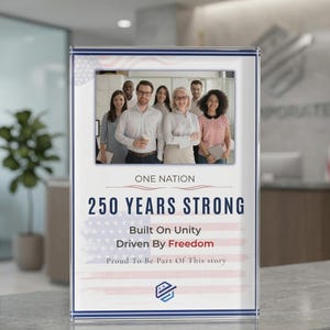 May include: A clear acrylic display with a group photo and text. The text reads "ONE NATION 250 YEARS STRONG Built On Unity Driven By Freedom Proud To Be Part Of This story". The display has a blue and white border.