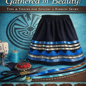May include: A Native American ribbon skirt with blue and silver ribbon accents. The skirt is displayed with sewing tools, including scissors, measuring tape, and a pin cushion. The text reads "Gathered in Beauty: Tips & Tricks for Sewing a Ribbon Skirt."